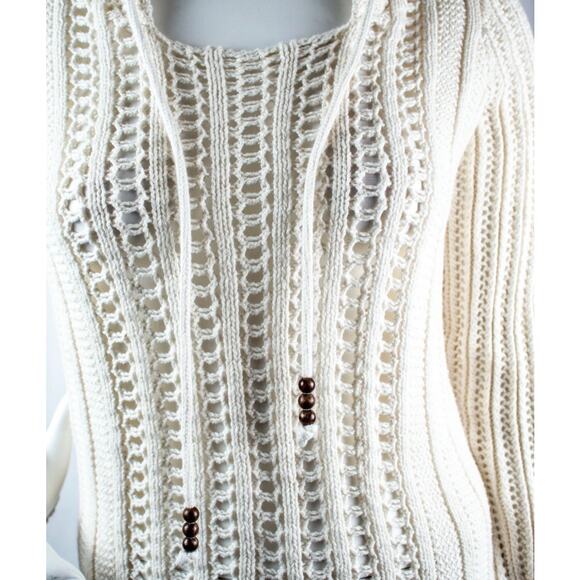 American Eagle Womens Sweater Large Cream Hooded Open Cable Knit Crochet Hoodie - Picture 6 of 11